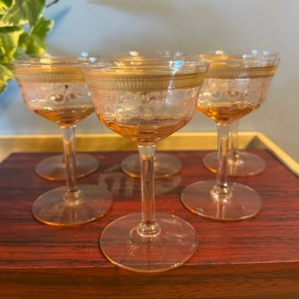 RARE HC Fry Rose pink sculpted etched with gold trim stem wine glasses *READ*